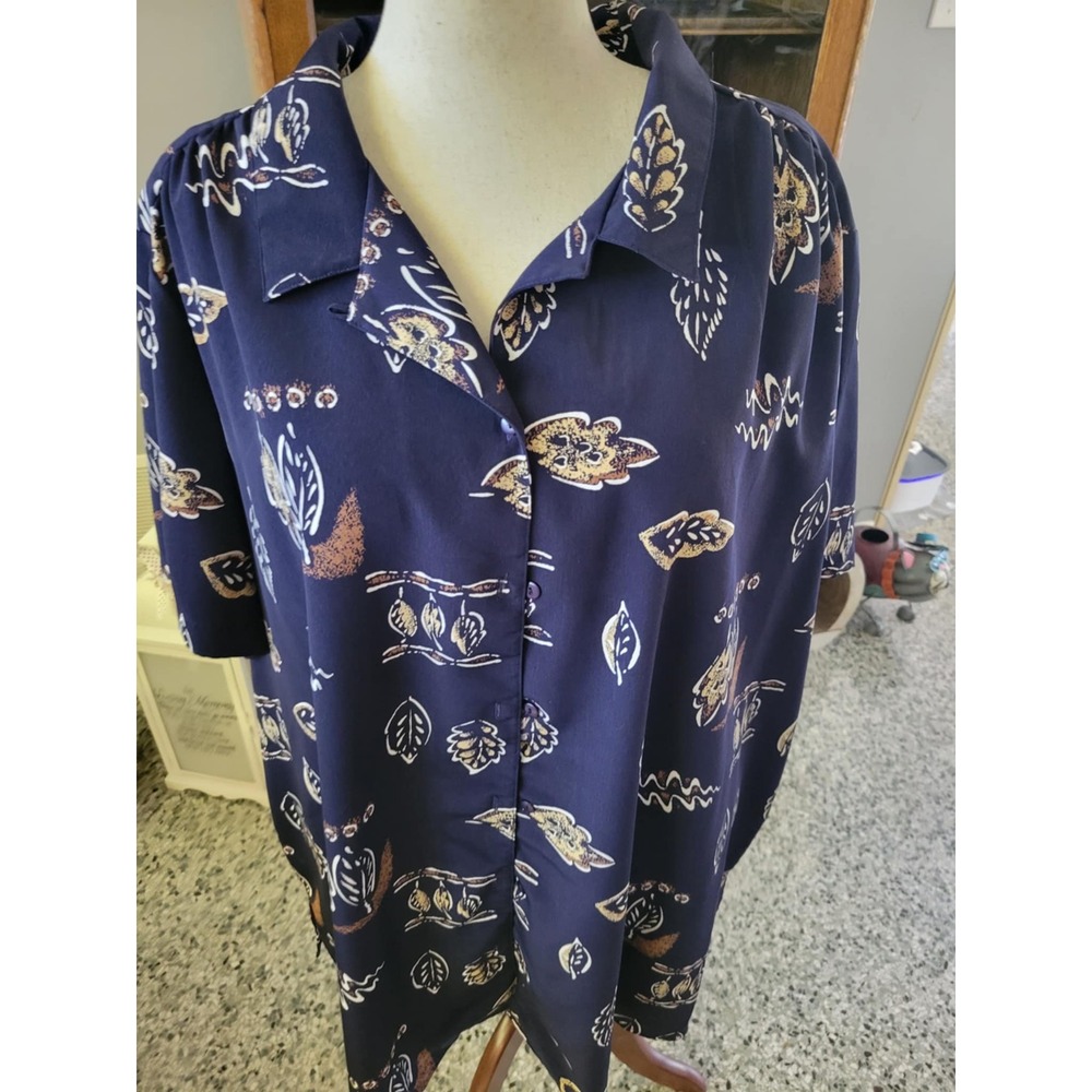 Roaman's 4X Button Down Shirt Navy Blue Leaf Print Short Sleeve Blouse